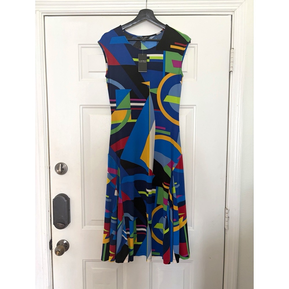 Lauren Ralph Lauren Multicolor Geometric A-Line Midi Dress Women's M Round Neck
